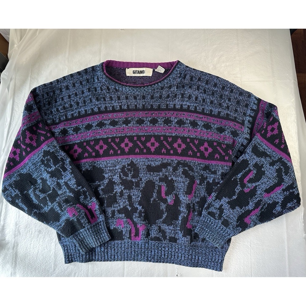 VTG 80s Gitano Aztec Pattern Knit Sweater Women's XL Purple Retro Pullover Korea